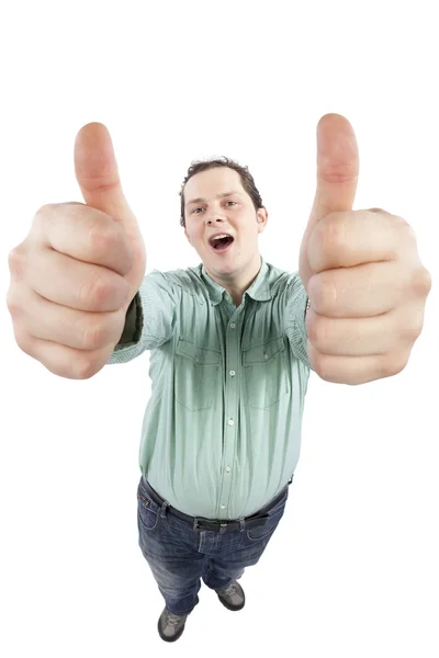 Veselý mladý samec směřují ok znamení oběma rukama — Stock fotografie