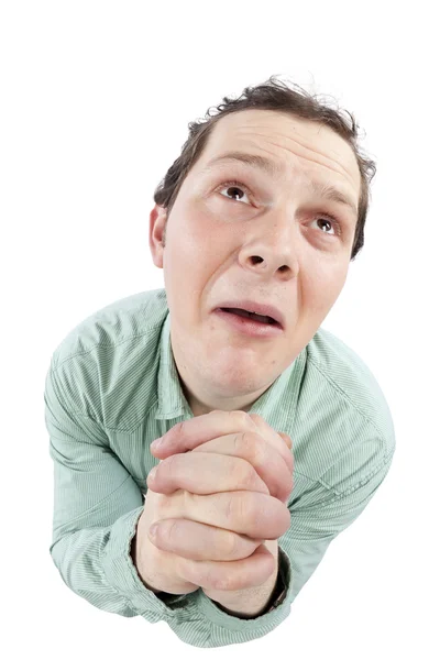 Netter Mann betet mit Welpenaugen — Stockfoto