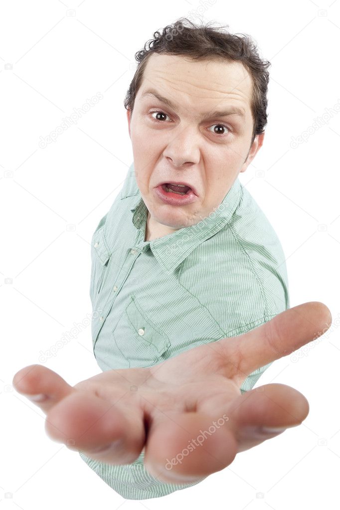 Angry man with stretched hand
