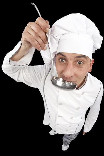 Szef kuchni, degustacja zupy z kadzi — Zdjęcie stockowe