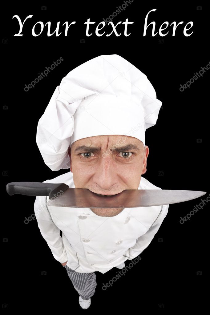 Silly angry chef holding a knife in his mouth