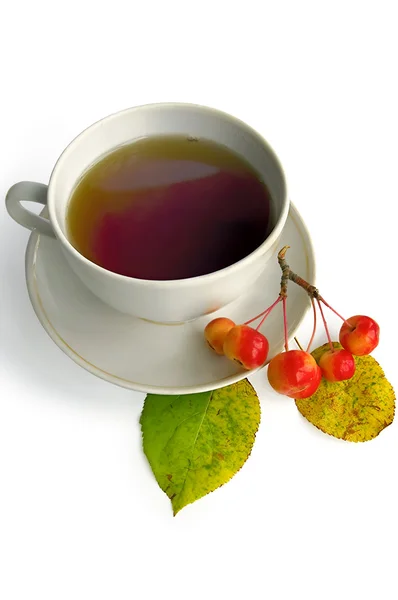 Chá em uma xícara branca e maçãs selvagens — Fotografia de Stock