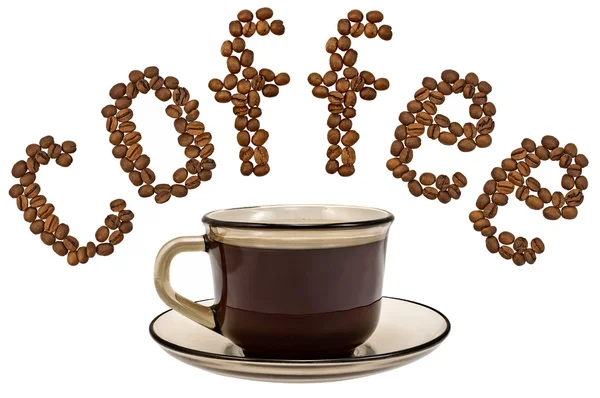 Woord van koffie bonen met een kopje koffie — Stockfoto