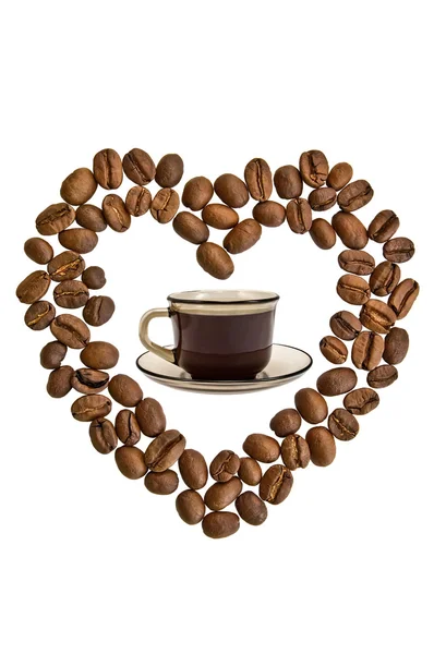 Een Kopje Van Koffie Het Hart Van Koffie Bonen Geïsoleerd — Stockfoto