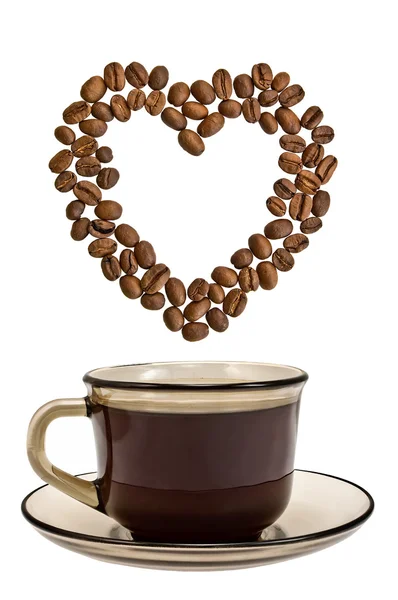Een Kopje Van Koffie Het Hart Van Koffie Bonen Geïsoleerd — Stockfoto