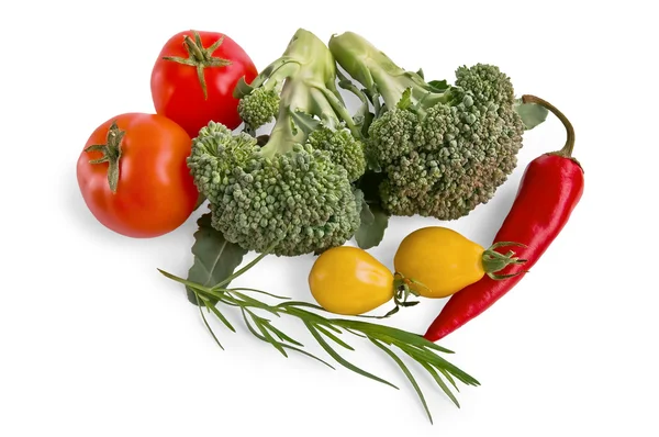 Brokoli Kırmızı Biber Domates Kırmızı Sarı Beyaz Bir Arka Plan — Stok fotoğraf