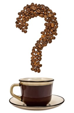 bir fincan kahve kahve çekirdekleri, soru işareti