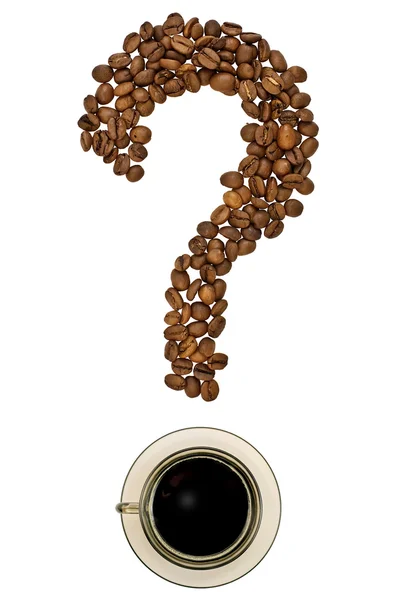 Vraagteken Van Koffie Bonen Met Een Kopje Drank Bovenop Geïsoleerd — Stockfoto
