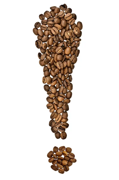 Het Uitroepteken Van Koffie Bonen Geïsoleerd Witte Achtergrond — Stockfoto