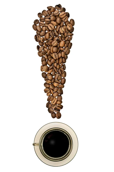 Het Uitroepteken Van Koffie Bonen Met Een Kopje Drank Bovenop — Stockfoto