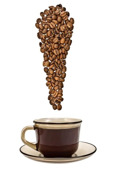 The exclamation point of the coffee beans with a cup of drink — Stock Photo, Image