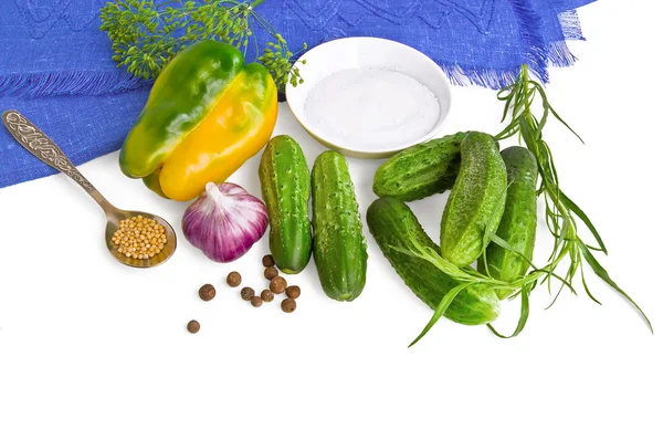 Vegetables with spices, salt and blue cloth — Stock Photo, Image