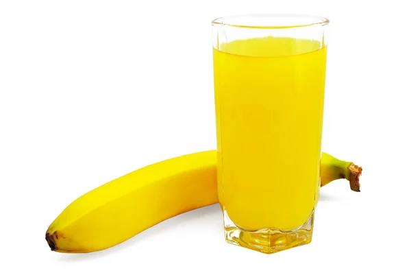 Succo Banana Bicchiere Con Una Banana Isolata Uno Sfondo Bianco — Foto Stock