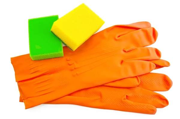Orange rubber gloves with sponges — Stock Photo, Image
