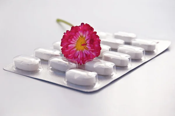 Białe okrągłe tabletki z stokrotka — Zdjęcie stockowe
