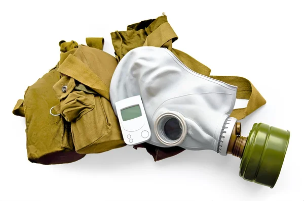 Gas mask with carrying case and a radiometer — Stock Photo, Image