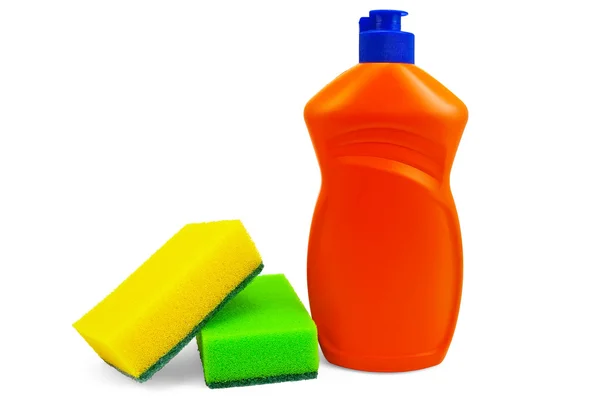 Garrafa de detergente e duas esponjas — Fotografia de Stock