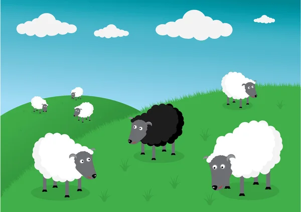 羊家族的程式化的矢量插画 黑羊是不同的 这羊是局外人和孤独站立 矢量插画 — 图库矢量图片
