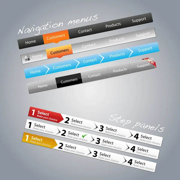 Navigation menus and step panels — Stock Vector