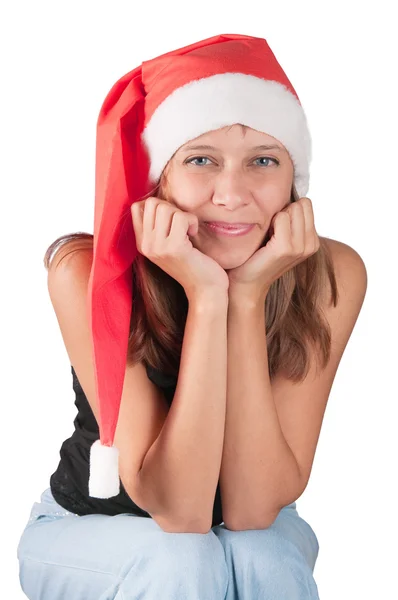 女孩在红色圣诞老人的帽子 — 图库照片