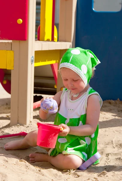 Girl Playing Sandbox Caucasian Child Park Rest — Stock Photo, Image
