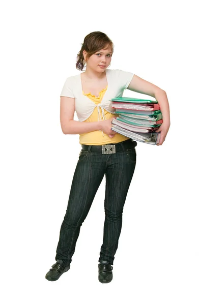 Mulher segurando arquivos pesados no branco — Fotografia de Stock