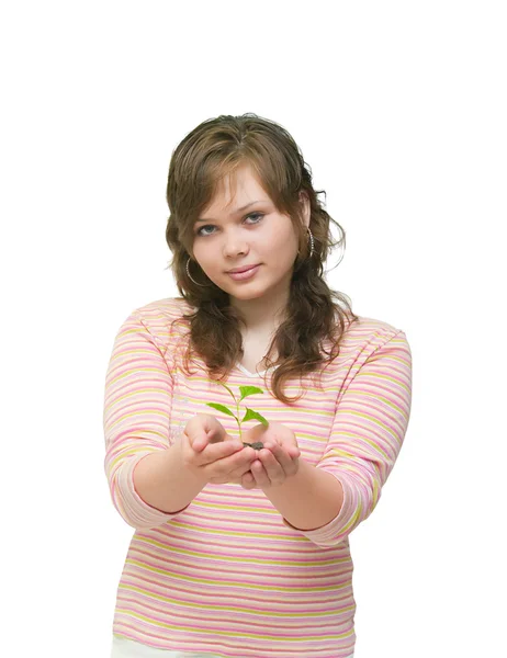 Beautiful Happy Young Woman Holding Plant — Stock Photo, Image