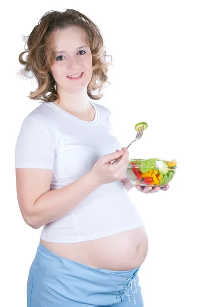 Het Beeld Van Zwangere Vrouw Eten Een Plantaardige Mix — Stockfoto