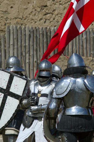 Cavaleiro europeu medieval perto da muralha da cidadela Fotografias De Stock Royalty-Free