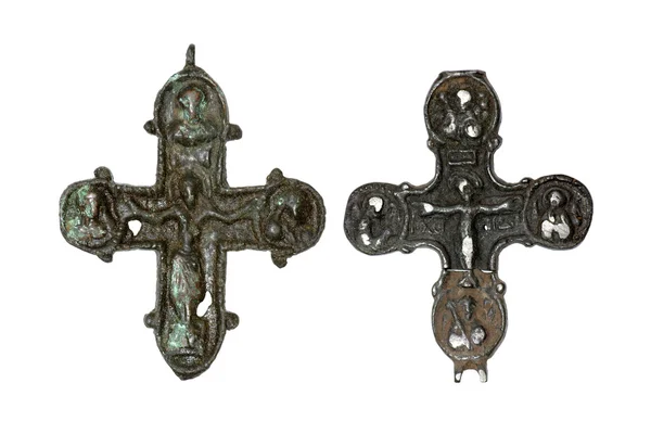 Пара средневековых бронзовых крестов 1100 славянской культуры Стоковая Картинка