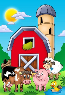 Big red barn with farm animals clipart