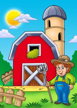 Big red barn with farmer clipart