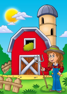 Big red barn with farmer girl clipart