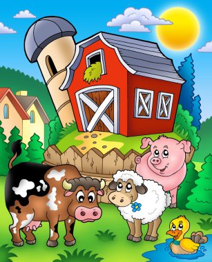 Farm animals near barn clipart