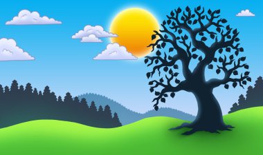 Leafy tree silhouette in landscape clipart