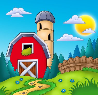 Meadow with big red barn clipart