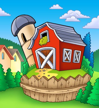 Red barn with fence on countryside clipart