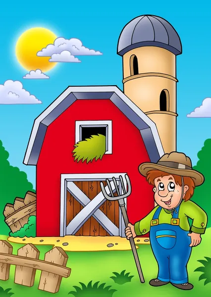 農民と大きな赤い納屋 — ストック写真