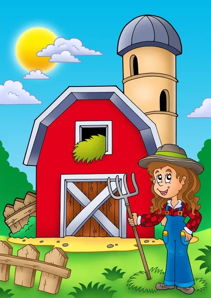 Big red barn with farmer girl — Stock Photo, Image