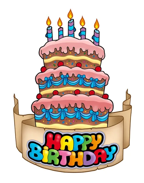 Zadowolony urodziny tematu z wysoki tort — Zdjęcie stockowe