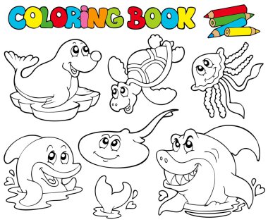 Coloring book with marine animals 1 clipart