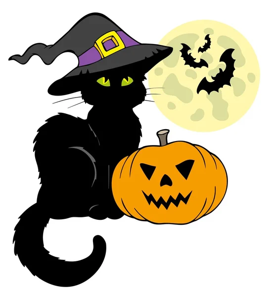 Silhouette de chat Halloween avec lune — Image vectorielle