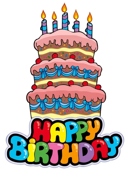 Sinal de aniversário feliz com bolo alto — Vetor de Stock