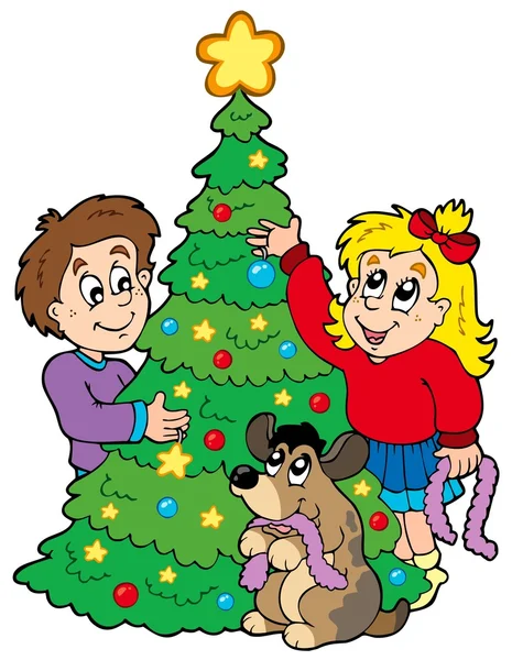 Δύο παιδιά διακόσμηση χριστουγεννιάτικο δέντρο — Διανυσματικό Αρχείο