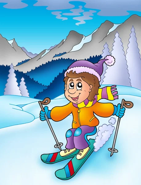 เด็กชายสกีในภูเขา — ภาพถ่ายสต็อก