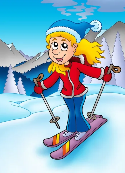 Kobieta na nartach w górach — Zdjęcie stockowe
