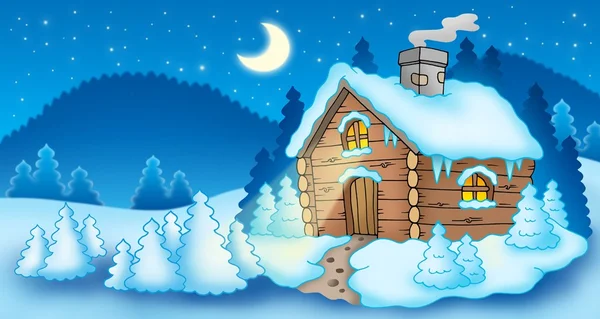 Paisaje de invierno con pequeña cabaña — Foto de Stock