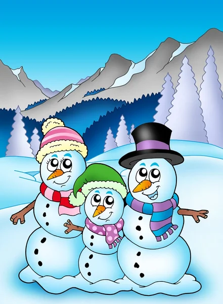 Thème d'hiver avec famille bonhomme de neige — Photo