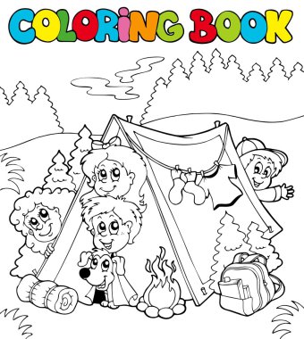 Coloring book with camping kids clipart