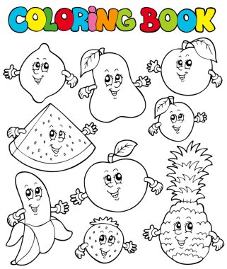 Coloring book with cartoon fruits 1 clipart